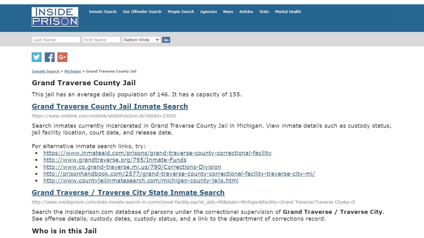 Grand Traverse County Jail - Michigan - Inmate Search